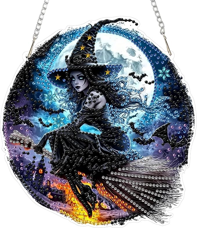 SENQAO Halloween Diamond Art Hanging Kits for Adults Beginners, DIY Acrylic 5D Special Shaped Crystal Diamond Gem Art Painting Hanging Ornament for Home Wall Decor and Gift（Retro Witch）