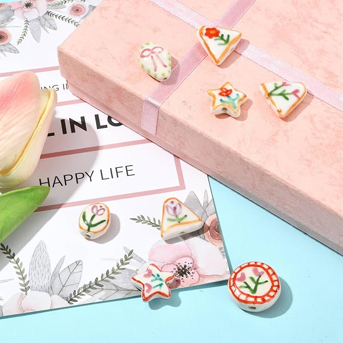 8Pcs Flower Porcelain Beads for DIY Jewelry Mixed Shapes Handmade Round Triangle Star Oval Floral Spacer Beads for Necklaces Bracelets Earrings Keychains Making and Crafting
