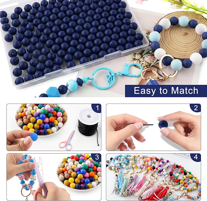 160Pcs 12mm Silicone Beads for Keychain Making Bracelet Necklace, Bulk Round Silicone Beads for Pens(Navy Blue)