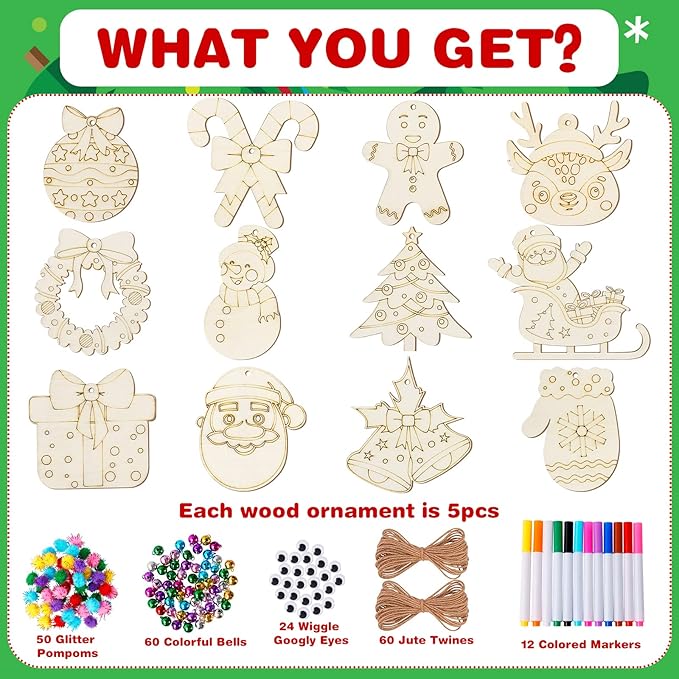 MGparty 60Pcs DIY Wood Slices, Wooden Christmas Ornaments Bulk for Crafts, Unfinished Paintable Wooden Hanging Decorations, Wood Kit for Crafts with 12 Coloured Pens and 60 Jingle Bells