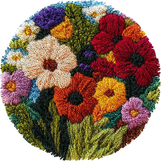 Latch Hook Rug Kit Abstract Cute Wild Flower Easy for Beginners Round Shape Carpet Crochet Yarn Craft Mini Rug DIY Hook and Latch Little Tapestry for Home Decor 30x30cm