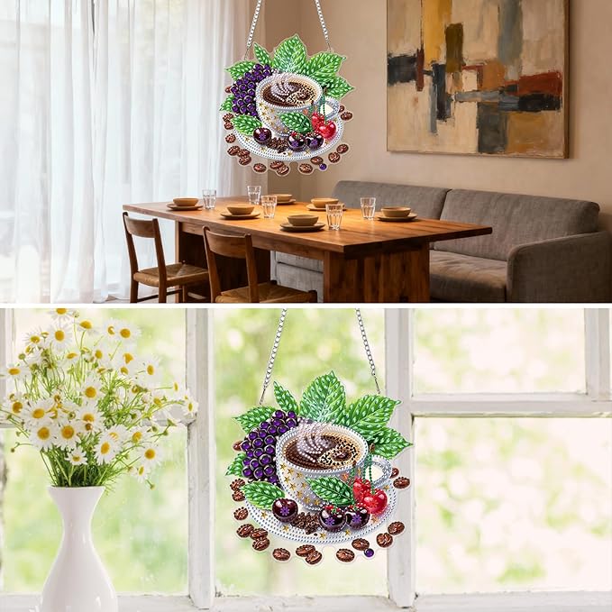 MXJSUA Fruit Coffee Diamond Painting Art Window Suncatchers, Diamond Art Kits for Adults Hanging Ornaments with Chain, 5D Special Shape Crystal Diamond Pendant Accessories for Decor Gift 8x8 Inch