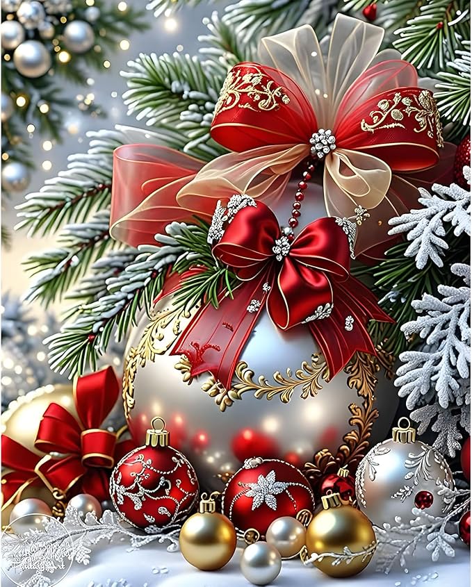 EMIEAUFG Christmas Diamond Art Kits for Adults, Christmas Ornament Diamond Paiting Kit for Beginners, 5D DIY Round Full Drill Craft Diamond Dot Gem Art, Home Wall Decor 12" x 16"
