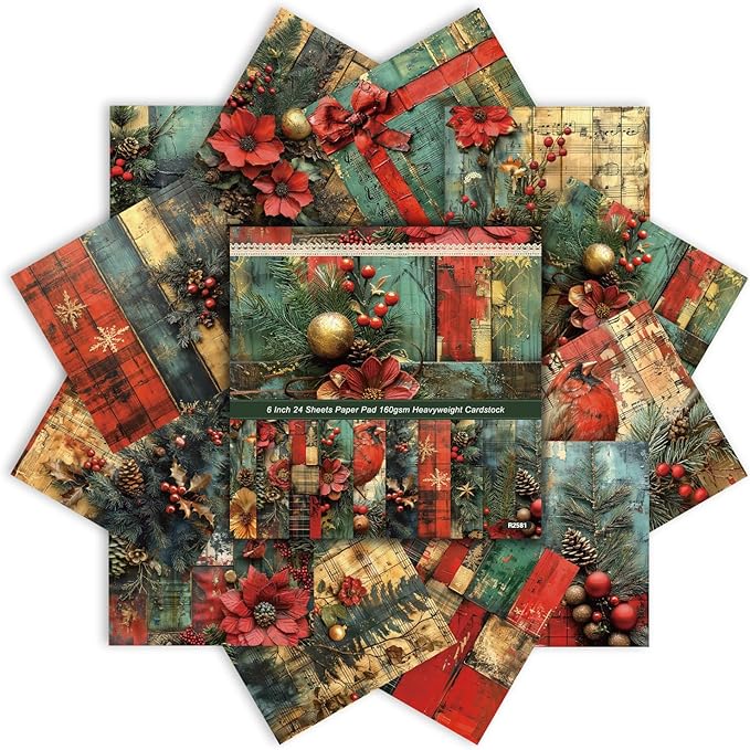 Christmas Scrapbook Paper Pad 24 Sheets Scrapbooking Supplies, Single-Sided Patterned Cardstock Pads for Card Making, Designer Planner Journals, Background Borders, Greeting Cards 6"×6”