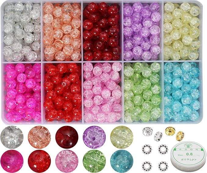 600pcs Assorted-Color 8mm Crackle Glass Beads-Handcrafted Round Lampwork Smooth Loose Beads for Bracelet & Adult Jewelry Making and Professional Crafting