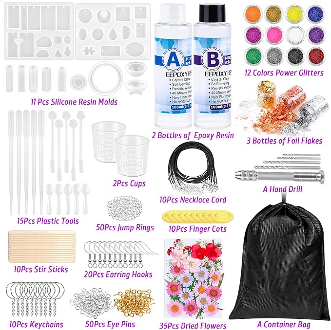 219Pcs Resin Kit for Beginners, Thrilez Resin Mold Kit with Resin Molds Silicone and Epoxy Resin Supplies Include Dried Flowers, Foil Flakes, Necklace Cord, Earring Hooks for DIY Jewelry Making