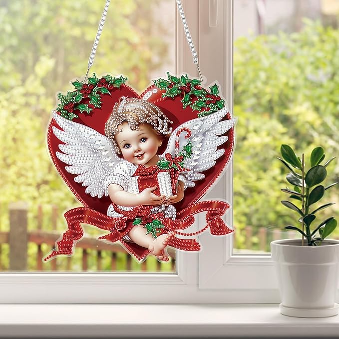 HEIBAGO Angel Diamond Art Hanging Kits for Adults Kids, 5D Special Shaped Crystal Diamond Painting Kit Cupid, DIY Pattern Window Pendant Gem Art Kit for Home Wall Decor 8.3 x 8.3 Inch
