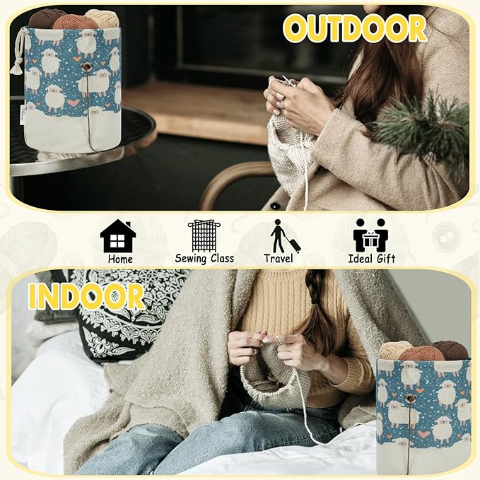 Small Crochet Bag Organizer, Drawstring Storage Knitting Bags, Portable Cute Sheep Yarn Holder for Crocheting Project, Store Skein Ball, Needles Accessories
