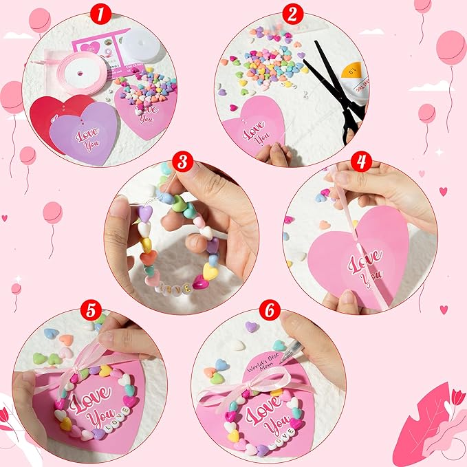 BeYumi DIY Bracelet Craft Kit - 24 Pack Mother's Day LOVE Letter Beads Bracelets with Heart Greeting Cards and Bags Thankful Craft Kit to Mother Grandma School Classroom Party Fun Activities Ages 6-12
