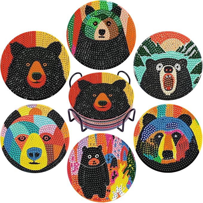 EWJRNSF 6 PCS Small Diamond Art Coasters Kits, Diamond Painting, Fall Diamond Art Kits for Adults Beginners, Arts and Crafts Item Sets with Holder for Drinks Bruin