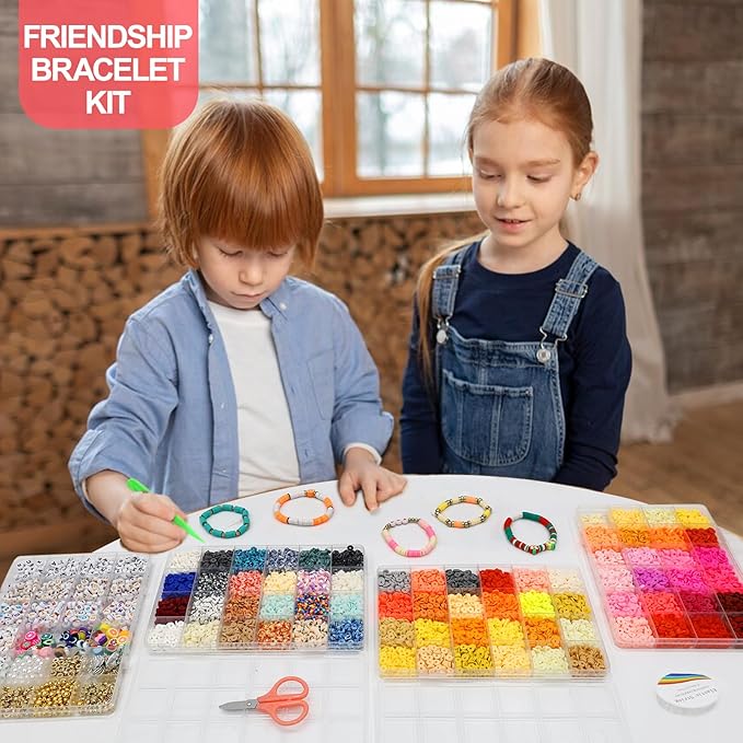 Redtwo 23000Pcs Clay Beads Friendship Bracelet Making Kit, 7 Boxes 144 Colors Flat Polymer Heishi Beads Set for Friendship Jewelry Making Kit with Pendant Charms, Crafts Gifts for Girls Ages 6-12 Kids