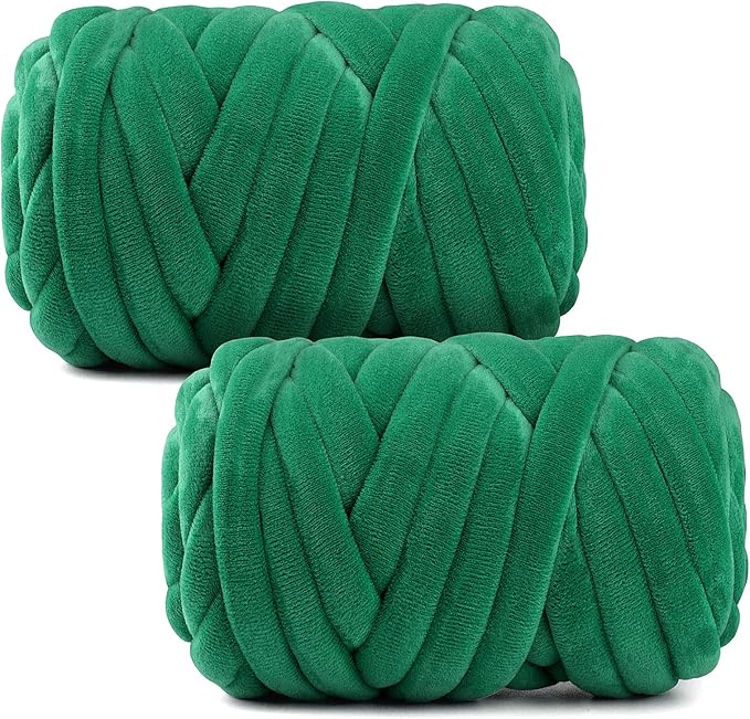 Chunky Yarn for Hand Knitting & Arm Knitting - 2-Pack Value Bundle (1.32lb Total) of Super Bulky Velvet Chenille Tube Yarn for Larger DIY Projects | No-Tool, Machine Washable, Olive Green