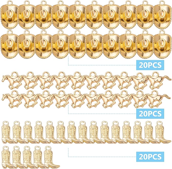 60pcs Gold Plated Western Themed Cowboy Charms Tibetan Alloy Cowboy Boot Horse Hat Pendants Charms Party Favors for DIY Earrings Bracelet Necklace Jewelry Making Findings, 3 Styles