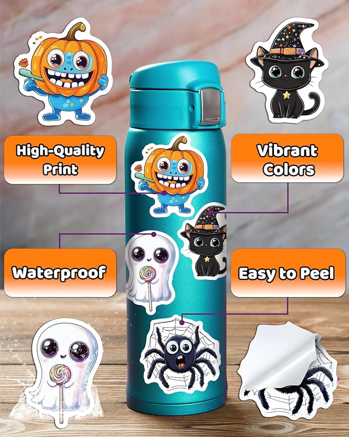 jcfire halloween stickers for kids, 100 pcs halloween party favors, waterproof cute vinyl stickers for water bottle crafts, party decorations supplies, goodie bags stuffers kids gift toys games treats