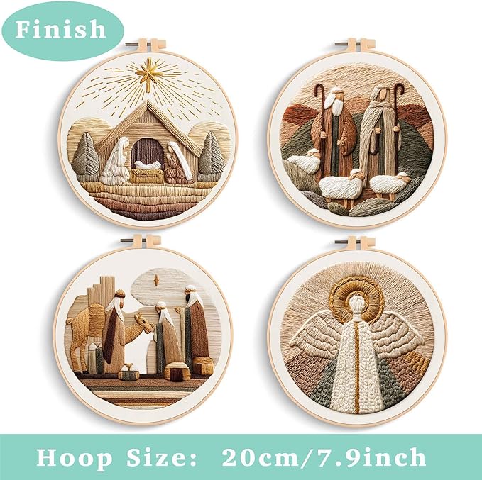 REEWISLY 4set Christmas Embroidery Kit for Adults Beginners, 4 Nativity Scenes with 2 Hoops, Counted Cross Stitch Kits with Floss & Needles, Beginner Embroidery Starter Kit for Handmade Holiday Decor