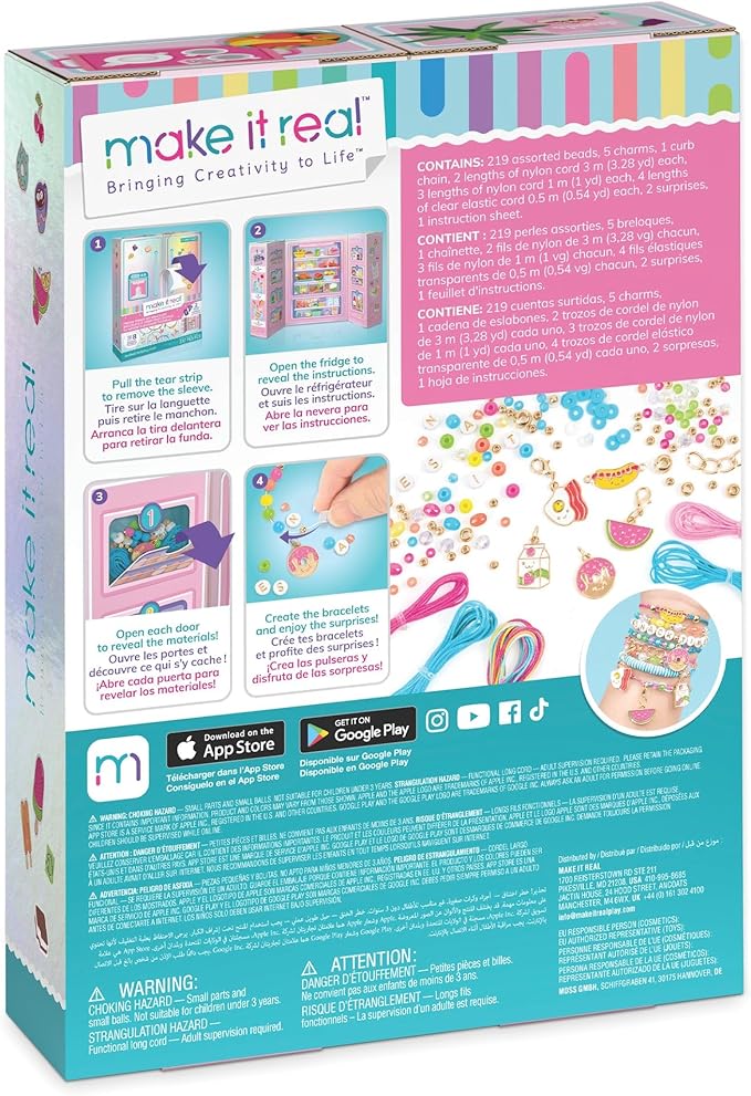 Make It Real: Fridge Frenzy DIY Bracelets - 237pc Jewelry Kit, Make & Design 8 Bracelets, 200+ Beads, Sweets & FoodThemed Charms, Tweens-Girls-Kids 8+