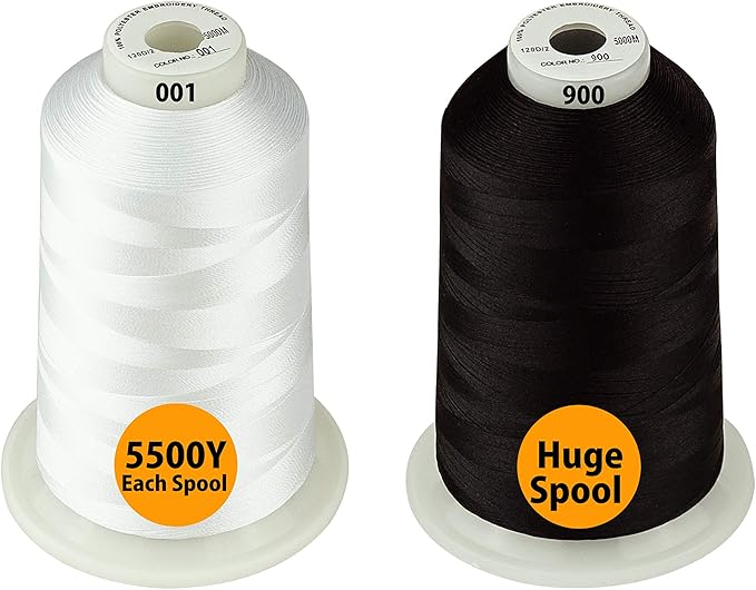 Simthread - 33 Selections - Various Assorted Color Packs of Polyester Embroidery Machine Thread Huge Spool 5500Y for All Purpose Sewing Embroidery Machines - 1White+1Black