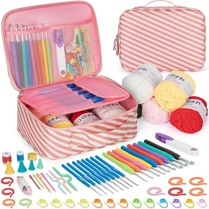 GMAK Crochet Kit for Beginners Adults, 59 PCS Crocheting Sets Include Yarn, Hooks and Tools, Portable Crochet Starter Kit for Making Variety Projects Crocheting Supplies, Pink Stripe