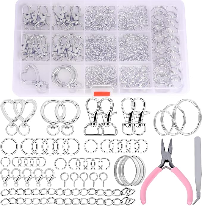Prdingfy 579PCS Keychain Making Kit, Key Chain Supplies Including Keychain Clip, Key Rings, Lobster Claw Clasps, Jump Rings, Extender Chain,Pliers for Key Chain Making and Jewelry Making(Silver)