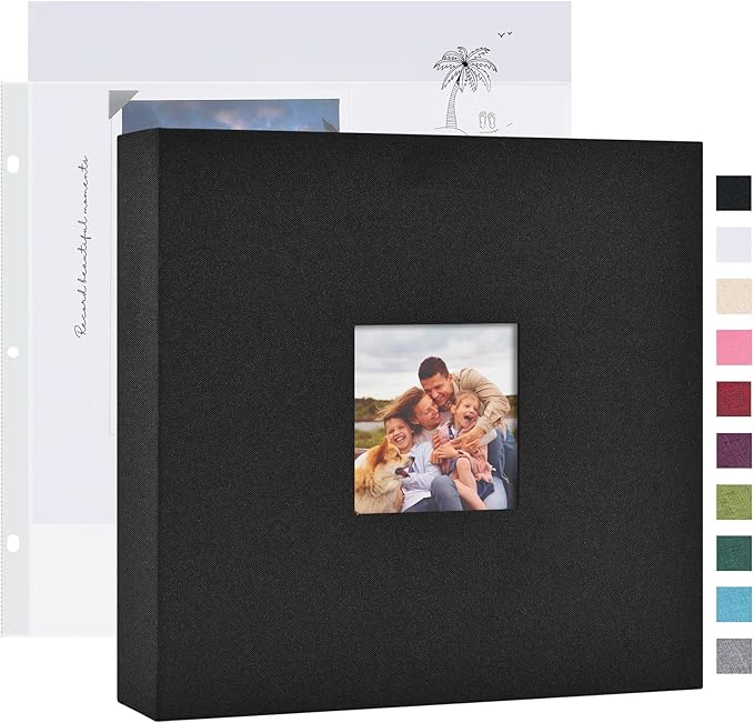 Mublalbum 8x8 Inch DIY Scrapbook Photo Album with 20 Plastic Sleeves 40 Pages Linen Cover 3 Ring Folder Binder for Wedding Baby Family and DIY Projects (Black)