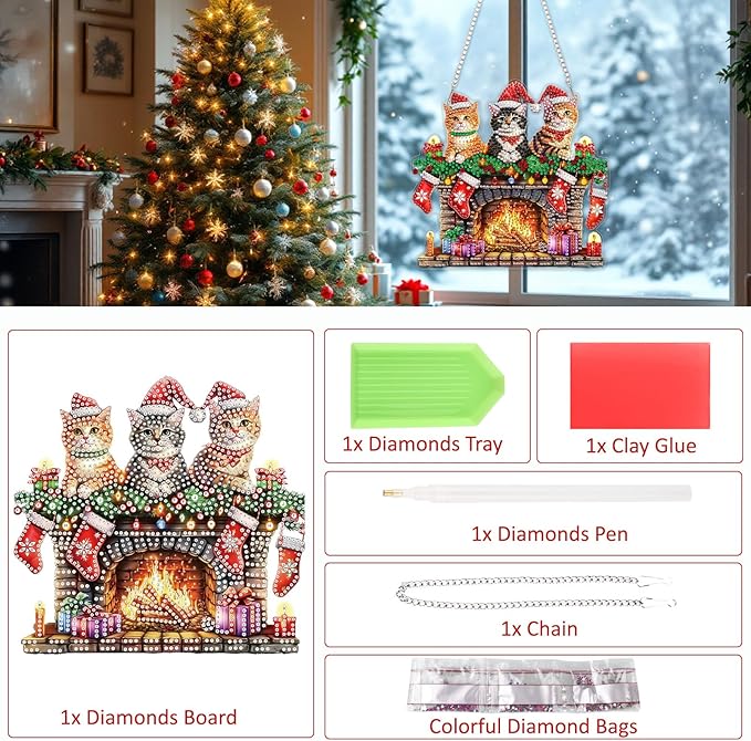 SENQAO Cat Diamond Art Hanging Kits for Adults Kids, Christmas Diamond Art Suncatchers, 5D Special Shape Diamond Painting Pendant Window Ornament Gifts for Home Garden Door Wall Decor