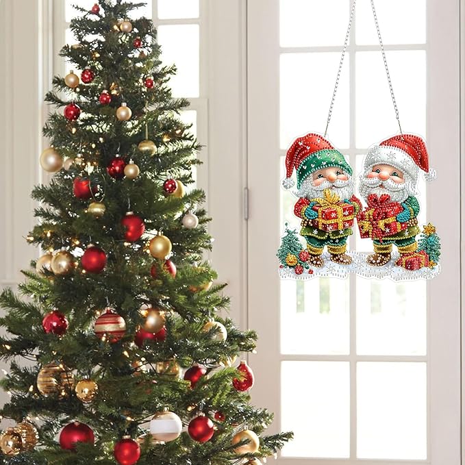 KEYIFA Diamond Painting Kit, DIY Cute Santa Claus Diamond Art Hanging for Adults Beginner, Gem Arts Pendant Special Shaped Rhinestone Window Ornaments Wall Door Garden Decoration Gift, Double Sided