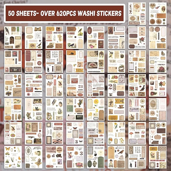 RISYPISY Pre-Cut Vintage Sticker Book for Scrapbooking - 622PCS Journaling Dark Academia Washi Stickers, Ephemera for Junk Journal Supplies 50 Sheets Orange Sticker for Journaling