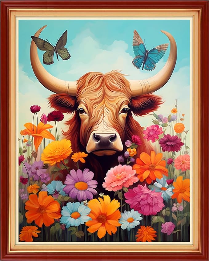dimxvean stamped cross stitch kits,cross stitch kits for adults beginners,embroidery kits full range of cross stitch stamped kits needlepoint kits cross stitch patterns-colored cow flower 16x20 inch