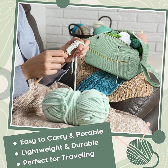 Bulyoou 2 Pcs Crochet Bag and Tote Set Corduroy Yarn Bag Crochet Tote Bag for Crochet Hooks Organizer Yarn Holder for Crochet Lovers Knitting Bag Crochet Accessories(Green)