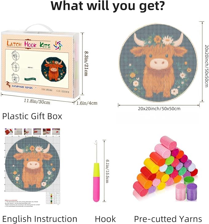 Latch Hook Round Rug Kit Cute Orange Baby Highland Cow Stamped Handmade Round Shape Carpet Crochet Yarn Craft DIY Hook and Latch Door Mat Tapestry Christmas Home Floor Decor 50x50cm-115