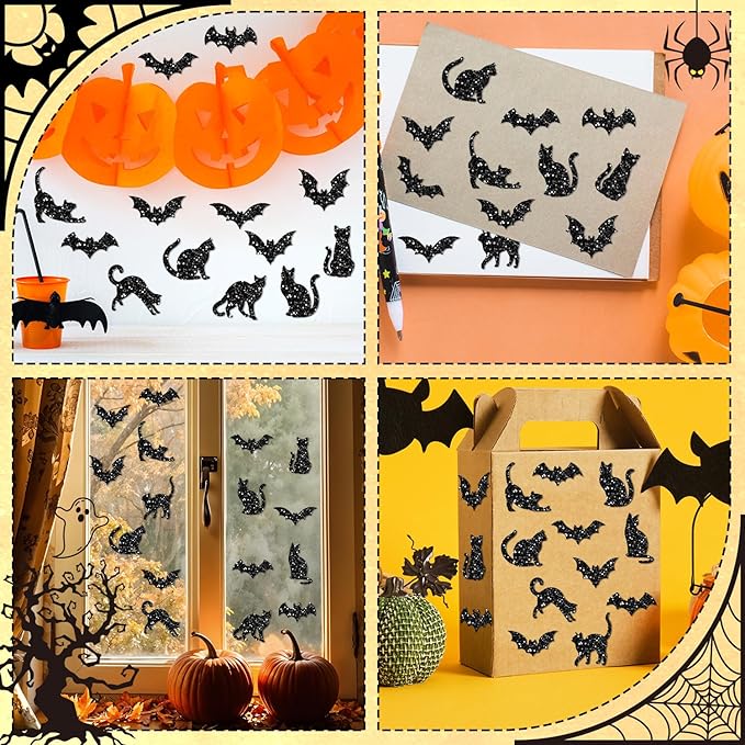 beyumi halloween bats cats sticker - 1000pcs halloween laser black bats and cats shape stickers in 2 rolls holographic sparkly waterproof adhesive decal gift party envelope scrapbook decor for kids