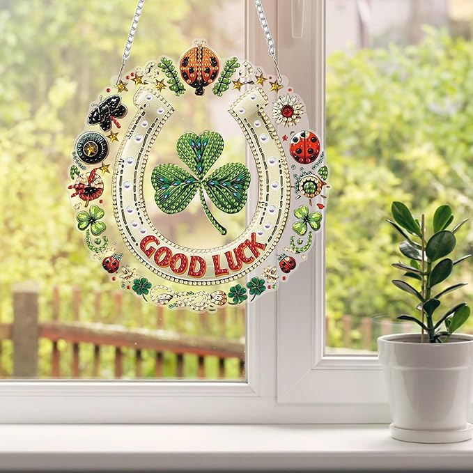 HEIBAGO Good Luck Diamond Art Hanging Kits for Adults, Diamond Art Suncatchers, 5D Special Shape Diamond Painting Pendant, DIY Window Ornament Gifts for Home Wall Decor 8.3 x 8.3 Inch