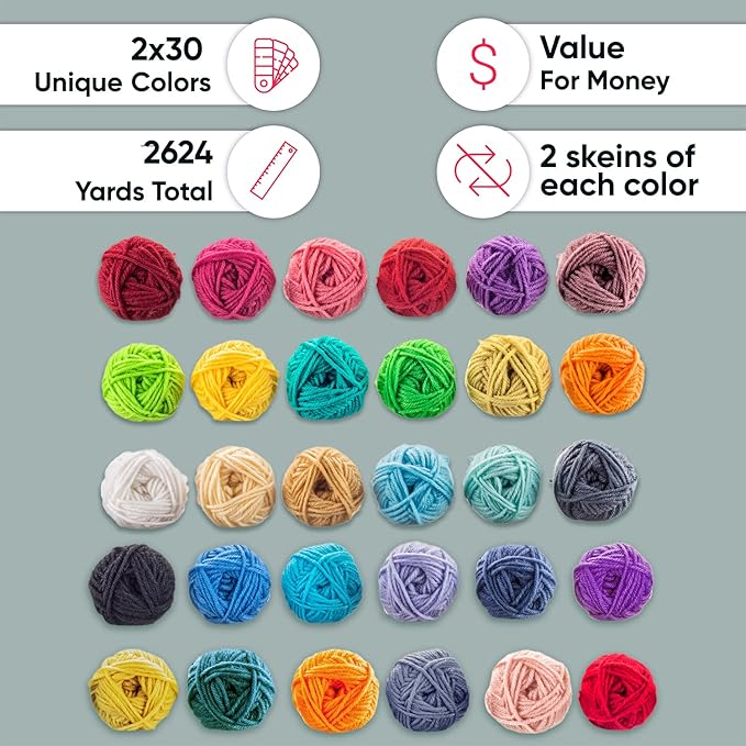 craftiss 60 of 20g/0.7oz acrylic yarn mini skeins - 2600 yards of soft yarn for crocheting and knitting craft project, assorted starter crochet bulk kit for adults and kids