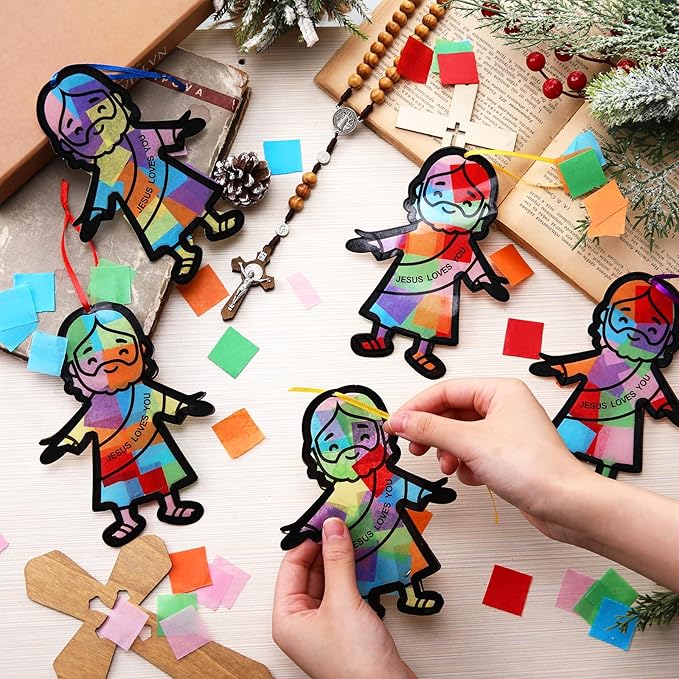 Motipuns 32 Sets Easter Jesus Ornaments Craft Kit, Religious Christian DIY Jesus Loves You Suncatchers Gift Stained Glass Effect with Tissue Paper Window Art for Sunday School Church VBS Decor