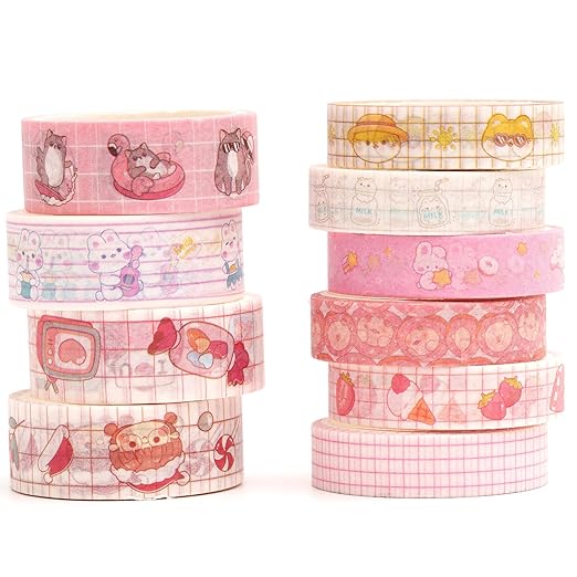YUBBAEX 10 Rolls Vintage Washi Tape Set Basic Masking Retro Artwork Decorative Tapes for Arts, DIY Crafts, Journals, Planners, Scrapbook, Wrapping (Cute)