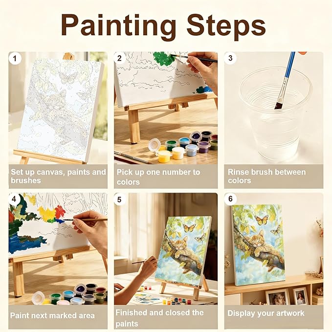 Gemozaic Cat Paint by Numbers Kit for Adults with Frame and Easel, Sleeping Cat Framed Adults' Paint by Number Kits, Animal Oil Acrylic Painting for Home, Office, Wall Decor, 8 x 12 Inch