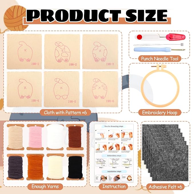 JarThenaAMCS 26 Pcs Pet Punch Needle Coaster Kits Cat Crafts Coasters Kit with Adhesive Felt Yarns Embroidery Hoop Instruction for Adults Beginners DIY Decor