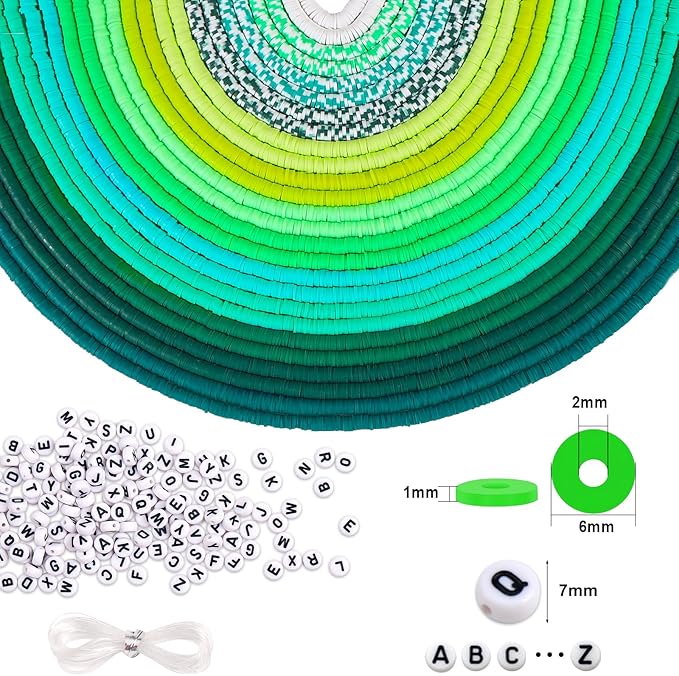 JMUQ Green Clay Beads Bracelet Making Kit, 50 Strands 19260pcs Preppy Polymer Clay Heishi and Letter Beads for Friendship Bracelet Jewelry Making, Arts and Crafts Gifts for Adults