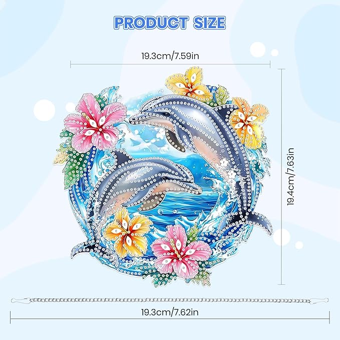 MOGTAA Dolphin Diamond Art Hanging Pendant Kits, 5D Special Shape Diamond Art Kits for Adults, Crystal Rhinestones Flowers Diamond Painting Gem Art for Home Garden Wall Decor