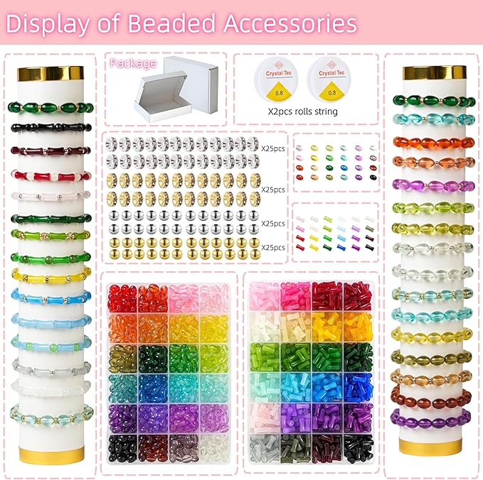 REVKI 1200pcs Glass Beads Bracelet Making Kit, 48 Colors Crystal Beads for Jewelry Making,Strange Shaped Glass Beads for Bracelets and DIY Crafts(Oval and Bamboo)