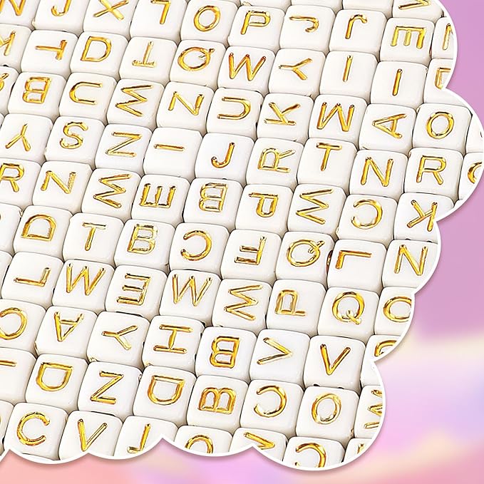 Augshy 1400pcs Square Acrylic Gold Alphabet Beads A-Z Cube Letters Beads for Bracelets Necklaces Phone Lanyard Making with 1 Roll Crystal String Cord for Jewelry Making(6 mm)