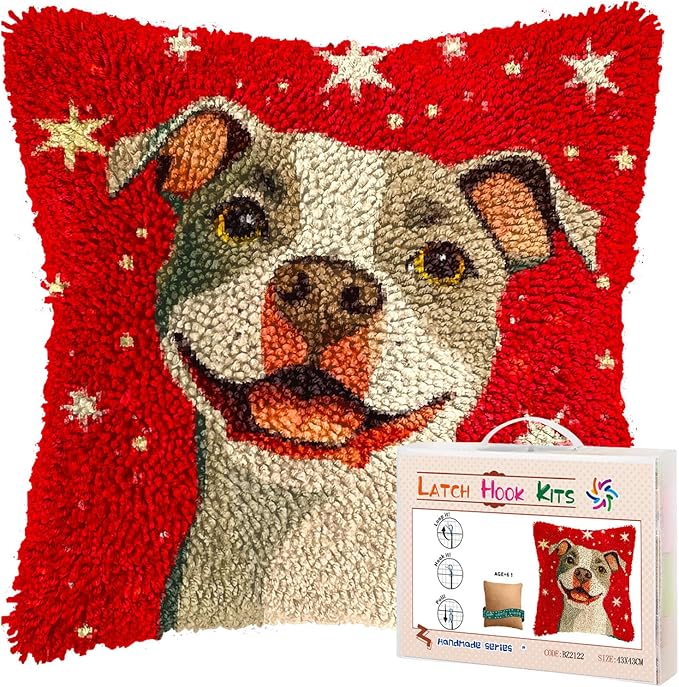 DIY Latch Hook Pillow Kits for Adults Merry Christmas Pitbull Dog Pillow Cover Printed Pillowcase Crochet Yarns Hooking Handmade Cushion for Home Sofa Decoration 17x17inch(1)