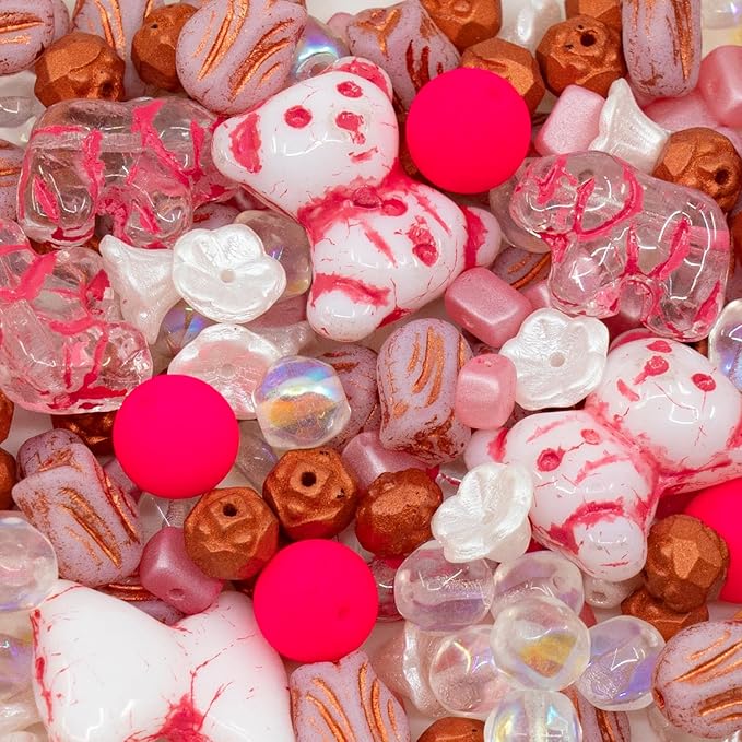1.4oz (40g) Limited Mix of Czech Glass Beads, Hand Made Set Kit, Crystal AB Pink Cute Bear Beads