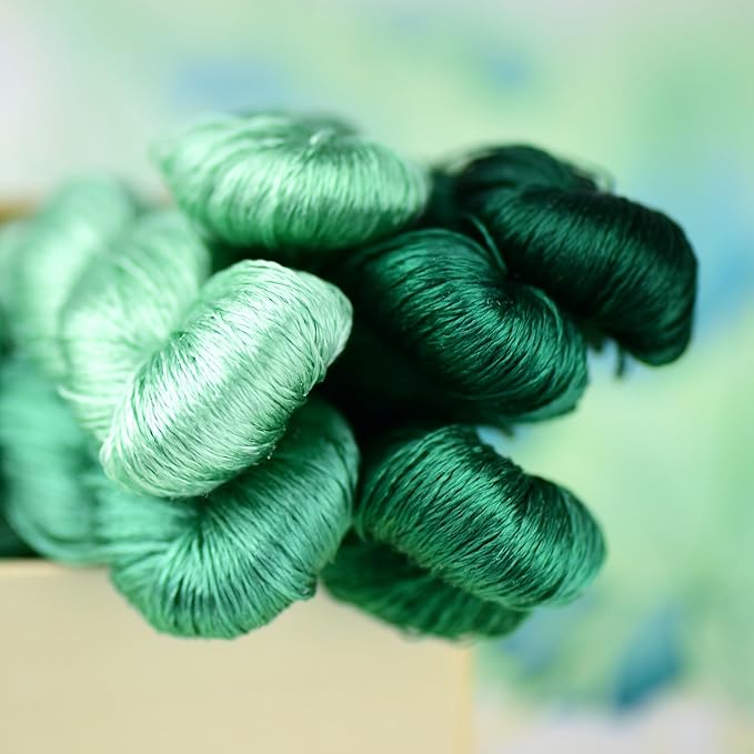Natural Silk Thread – 6 Green Colors, 110m Each, Handmade Silk Embroidery Floss for Hand Embroidery, Cross-Stitch, Needlework Projects