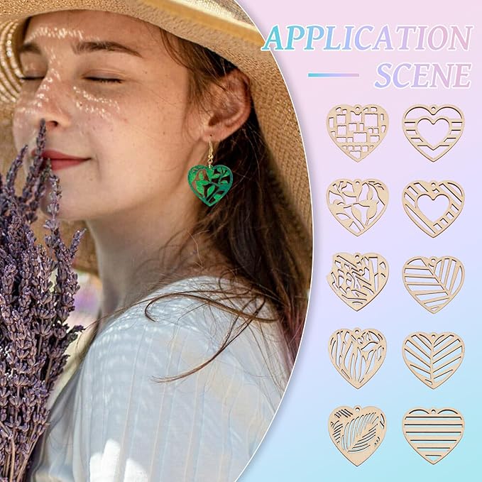 Elecrelive 60pcs Heart Wooden Earring Charms Heart Filigree Earring Making Kit with Ear Wires Jump Rings for Valentine's Day DIY Necklace Jewelry Making