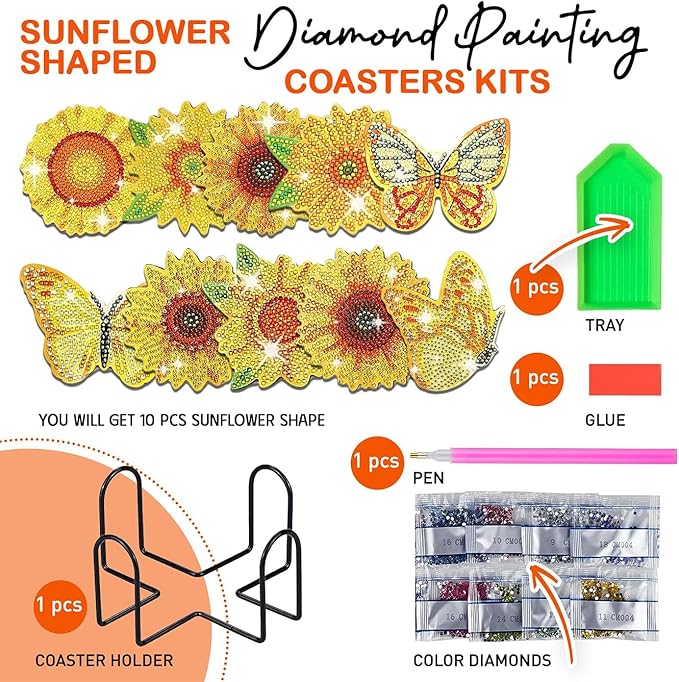 10 pcs Diamond Painting Coasters | Diamond Art Coasters | Sunflower Diamond Art Painting | Perfect Art Craft Gift for Sunflower Lover, Dad, Mom, Grandparents, Brother, Sister.