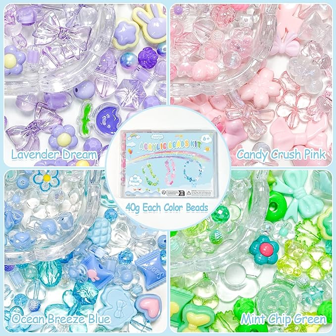 joyjellies bracelet making kit assorted acrylic beads, 4 colors charms keychain making kit with string key ring clips bow heart cute beads for bracelets arts and crafts jewelry making kits