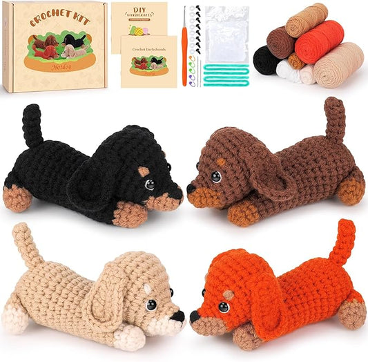 crochet kit for beginners adults - 4 pcs dachshund puppy crochet kits with step-by-step video tutorials, beginner crochet kit for adults, crochet animal kit, creative crochet gift for dog lovers