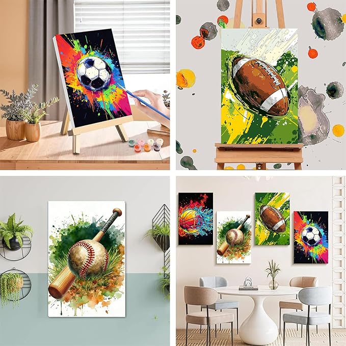 4 Pack Paint by Numbers for Beginners with Framed Canvas - with Wooden Easel, Ball Sports Paint by Number, Easy Cartoon Acrylic Oil Painting Kits on Canvas with Brushes for Home Wall Decor (8x12 inch)