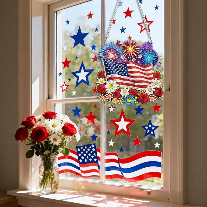 CEOVR American Flag Hanging Diamond Art for Adults, Independence Day Diamond Painting Pendant DIY Gem Art Wall Ornament, Acrylic Home Garden Decor with Chain, Box Kit 7.87×7.67 inch